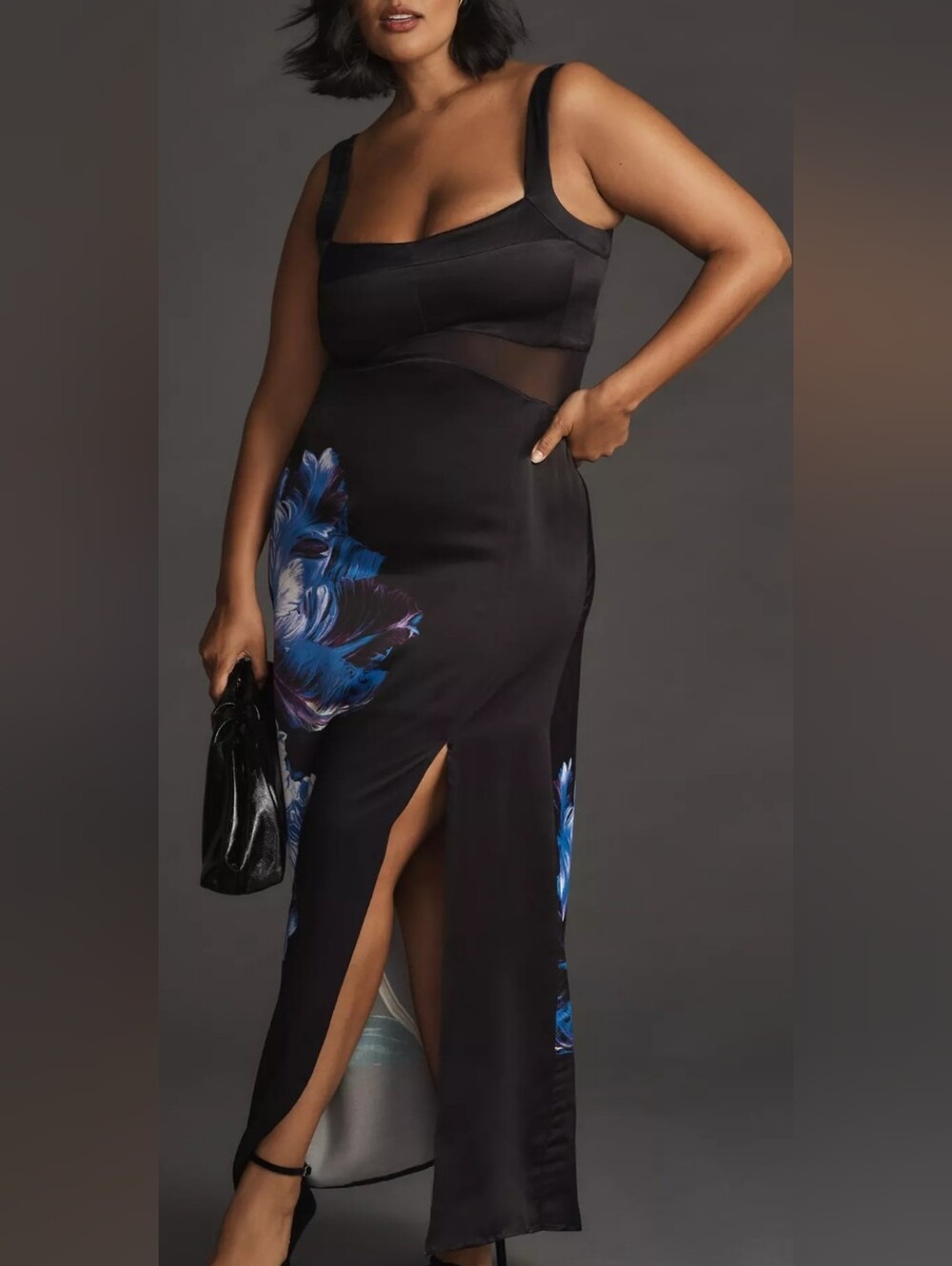 Anthropologie Satin Black Floral-Accent Maxi Dress